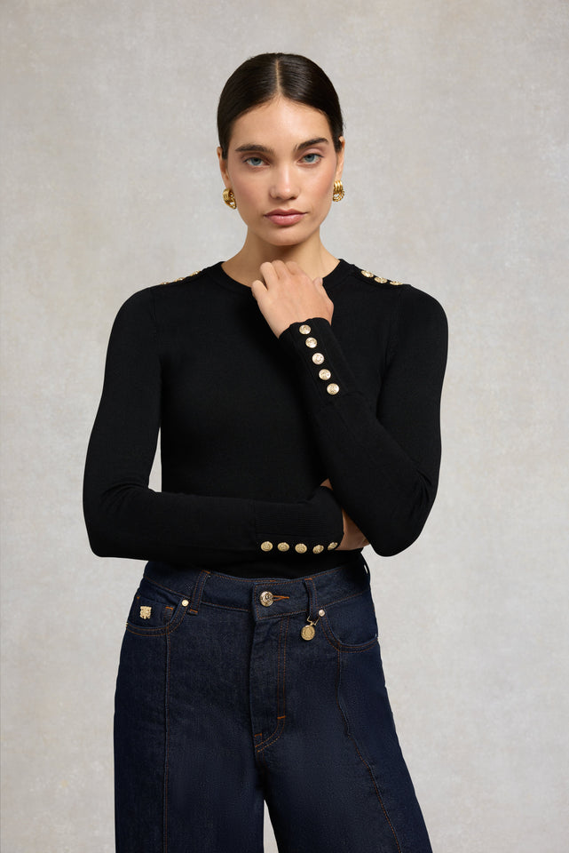 Buttoned Knit Crew Neck (Black)