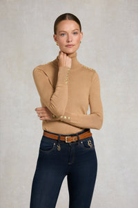 Buttoned Knit Roll Neck (Dark Camel)