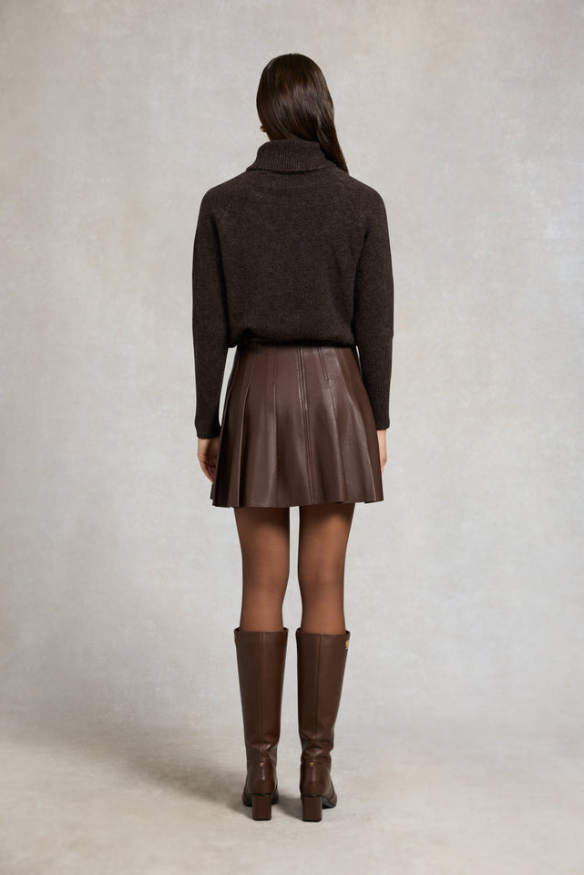 Faux Leather Pleated Mini Skirt (Espresso)
