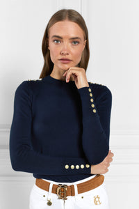 Buttoned Knit Crew Neck (Ink Navy)