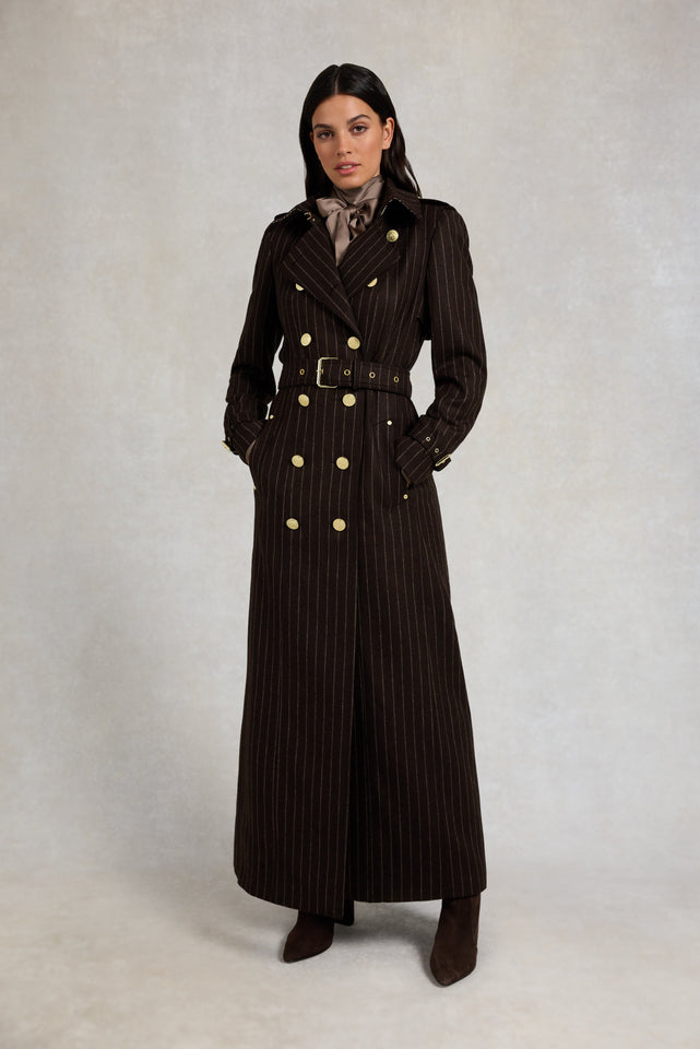 Full Length Marlborough Trench Coat (Chocolate Pinstripe)
