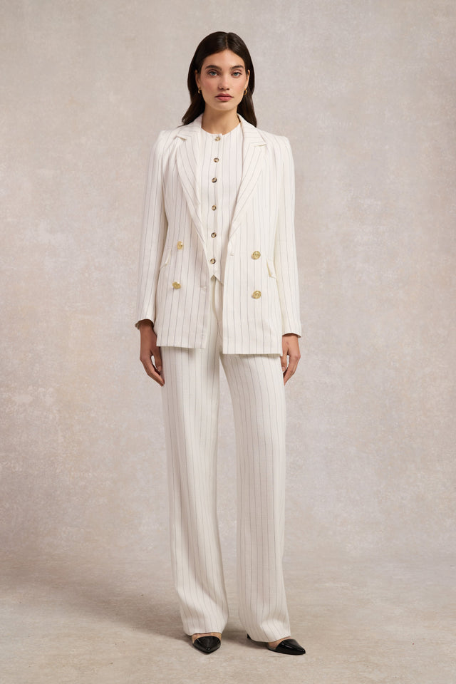 Double Breasted Blazer (Oyster Linen Pinstripe)