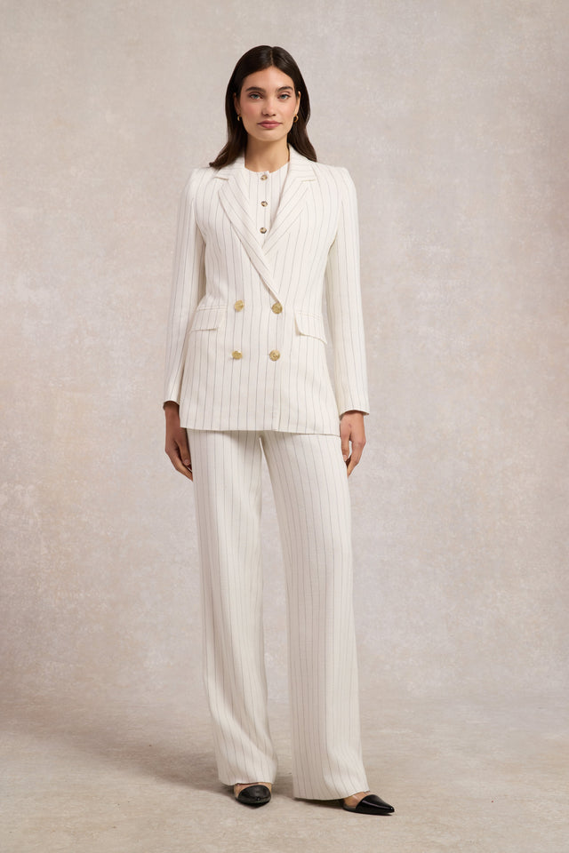Double Breasted Blazer (Oyster Linen Pinstripe)