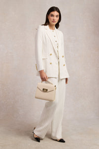 High Waisted Straight Trouser (Oyster Linen Pinstripe)