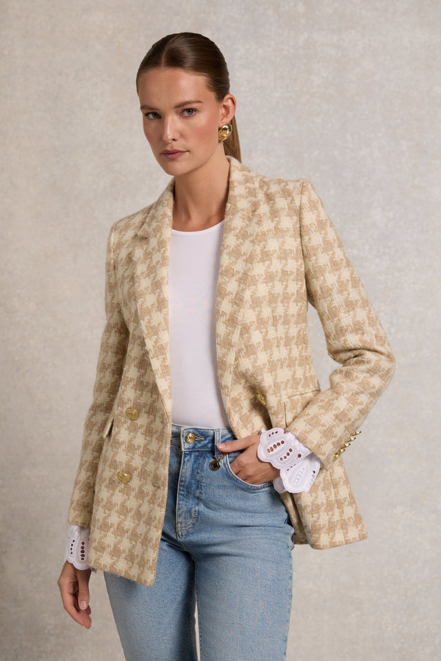 Double Breasted Blazer (Camel Houndstooth)