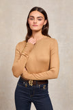 Buttoned Knit Crew Neck (Dark Camel)