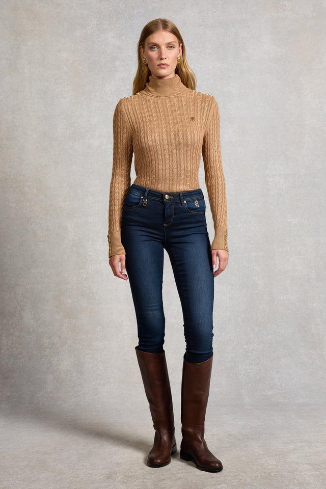 Seattle Roll Neck Cable Knit (Dark Camel Marl)