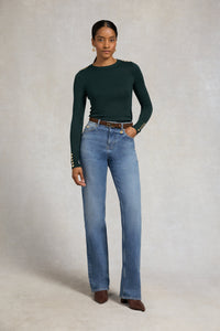 Buttoned Knit Crew Neck (Deep Emerald)