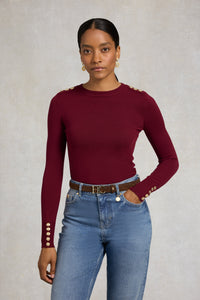 Buttoned Knit Crew Neck (Wine)