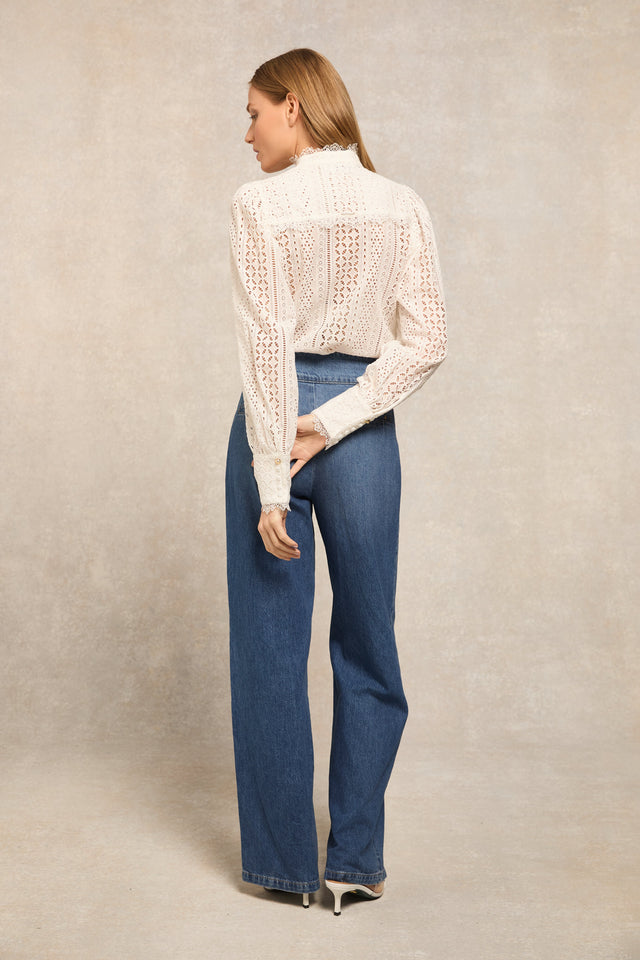 Collarless Broderie Shirt (White)