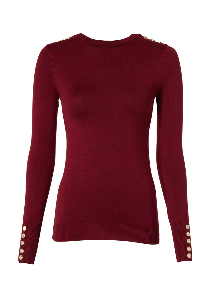 Buttoned Knit Crew Neck (Wine)
