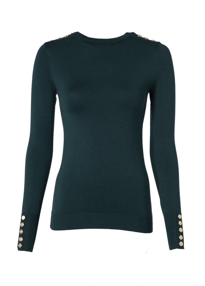 Buttoned Knit Crew Neck (Deep Emerald)
