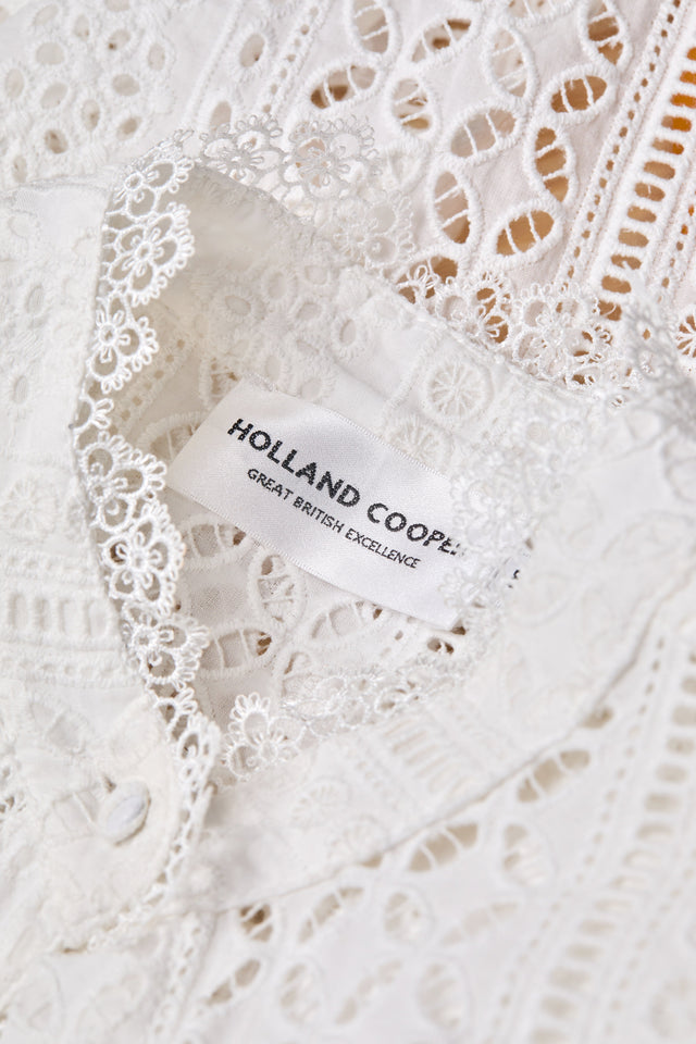 Collarless Broderie Shirt (White)