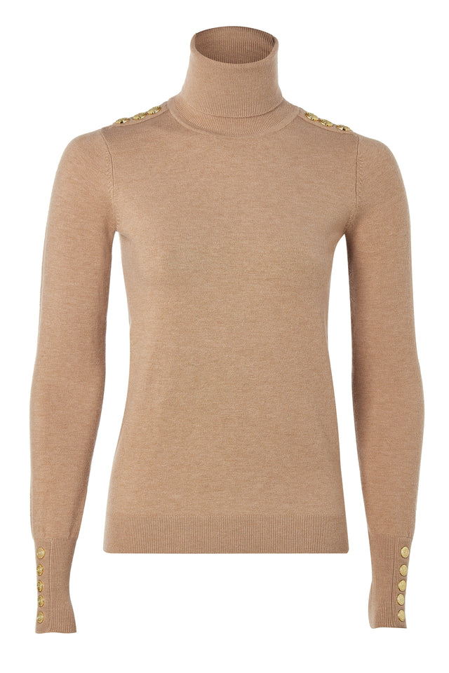 Buttoned Knit Roll Neck (Dark Camel)