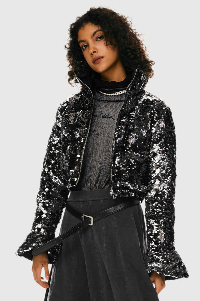 Sequin Fashion Petite Down Jacket with Stand Collar