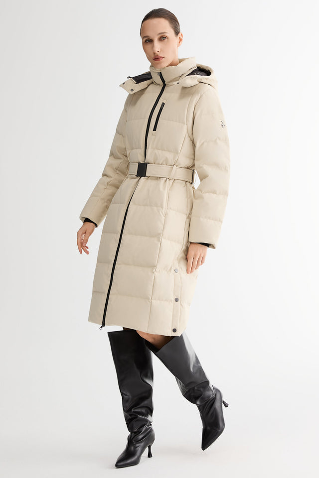 Celeste Long Hooded Belted Down Coat