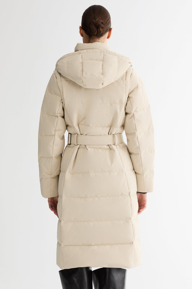 Celeste Long Hooded Belted Down Coat
