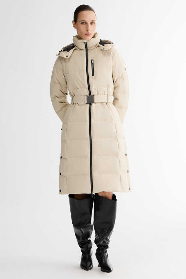 Celeste Long Hooded Belted Down Coat