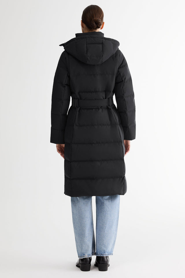 Celeste Long Hooded Belted Down Coat