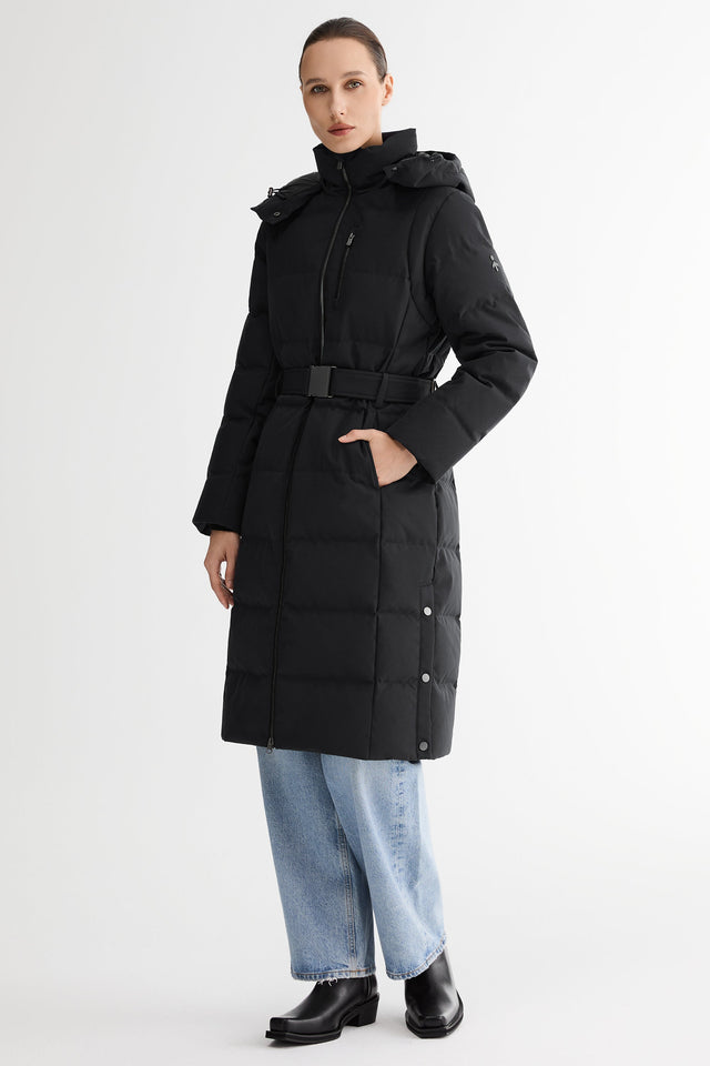 Celeste Long Hooded Belted Down Coat