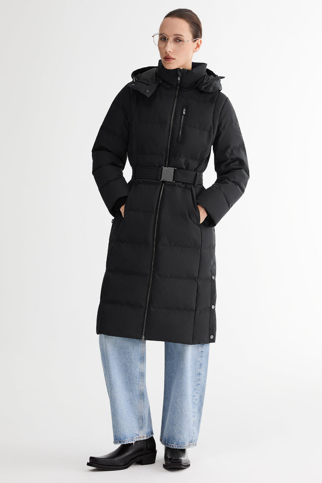 Celeste Long Hooded Belted Down Coat