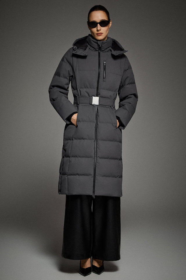Celeste Long Hooded Belted Down Coat