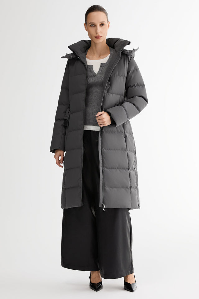 Celeste Long Hooded Belted Down Coat