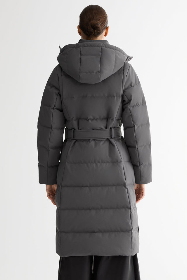 Celeste Long Hooded Belted Down Coat