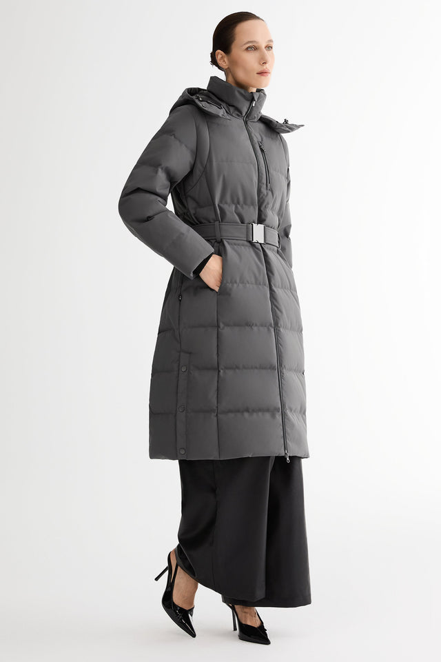 Celeste Long Hooded Belted Down Coat