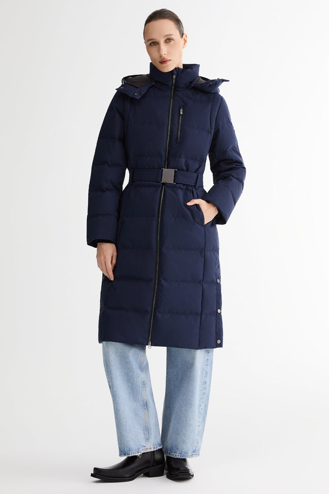 Celeste Long Hooded Belted Down Coat