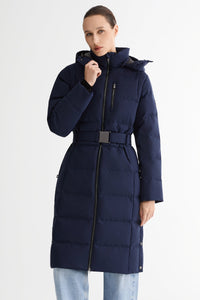 Celeste Long Hooded Belted Down Coat