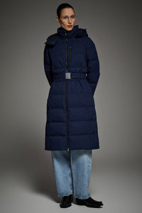 Celeste Long Hooded Belted Down Coat
