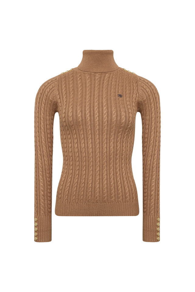 Seattle Roll Neck Cable Knit (Dark Camel Marl)