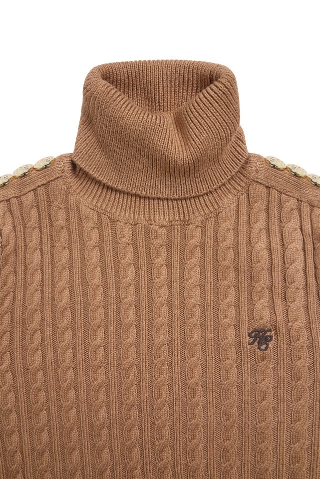 Seattle Roll Neck Cable Knit (Dark Camel Marl)